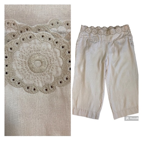 Anthropologie Pants - Anthropologie 100% Linen Elevenses Cropped Wide Leg Pants with Eyelet Trim